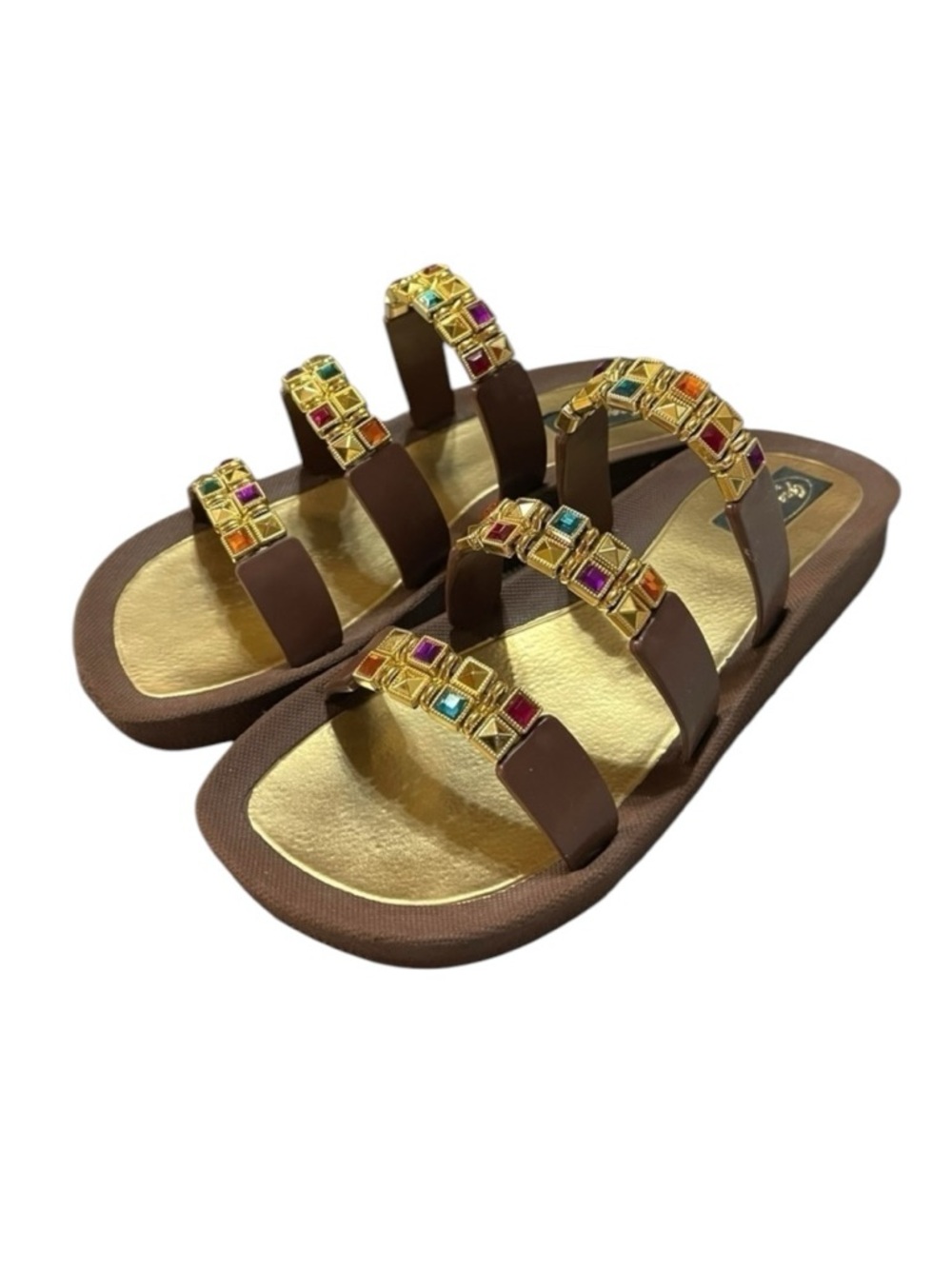 Grandco Jeweled Sandal Slides, Gold, Brown, Multi-Colored Jewels, Women’s Size 9